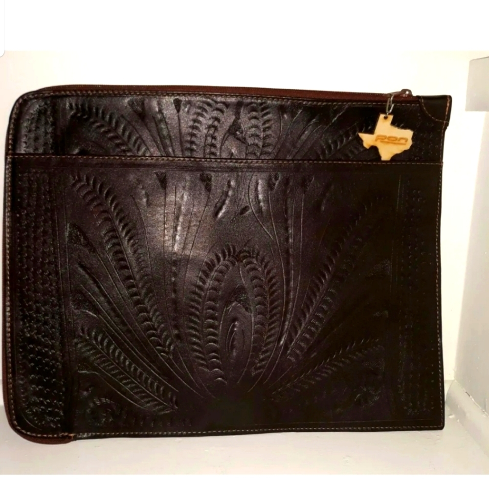 Pon Men's clutch Bag Itched Floral Genuine Leather Folder Bag 15"× 12"